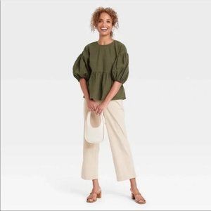 Puff Sleeve Peplum Top - A New Day, Olive Green, Size L
